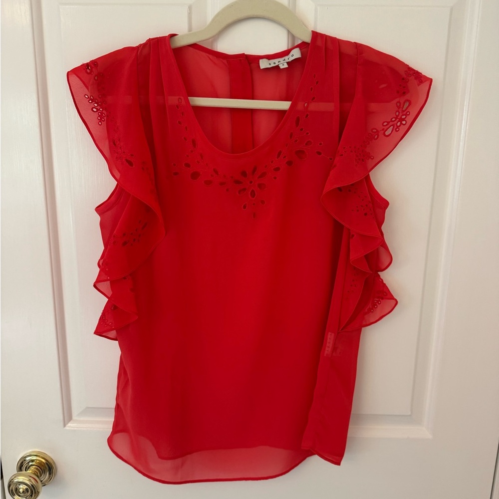 Sandro Sheer Red Ruffled Sleeveless Top Size 2